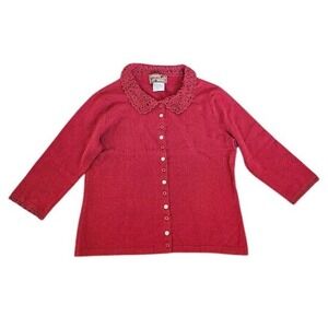 April Cornell Vintage Cardigan Women Small Red Crochet Lace Collar Cottagecore